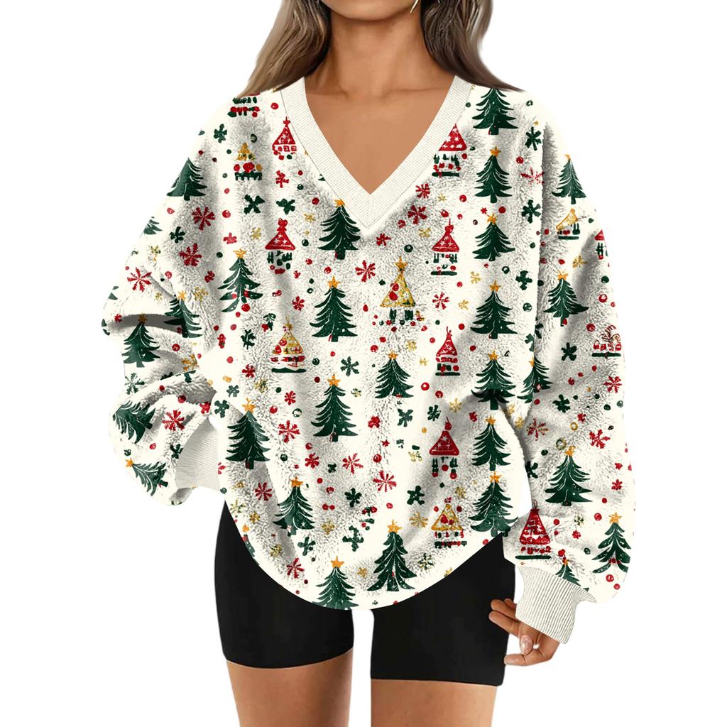 Women's V-Neck Sweatshirt Plush Solid Color Casual Fashion Long Sleeve With Pocketed Pullover Top