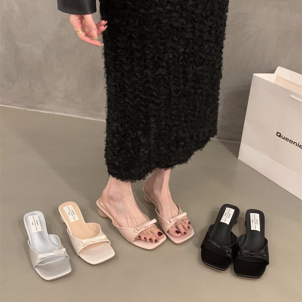 Thick Heel Pink French Small Cool Slippers Outer Wear 2025 New Summer with Skirt Bow Sandals