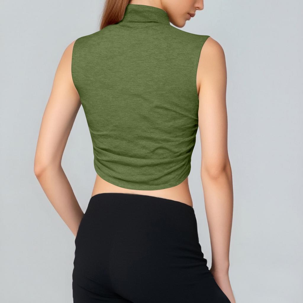 Women's Solid Color Semi-high-neck Sleeveless Vest Pleated  Top T-shirt