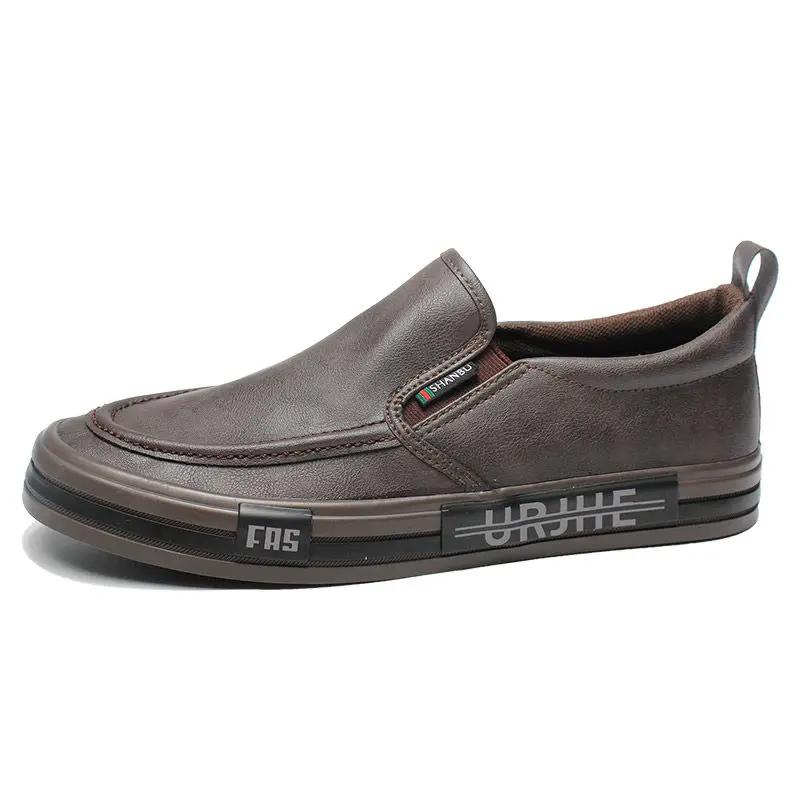 Flat Round Toe Leather Loafers Shoes for Men Retro Pu Classic Original 2025 Trend Man Casual Shoe Legitimate Low Price Cowhide