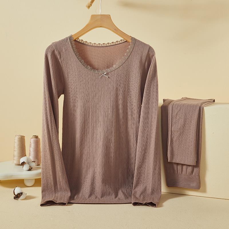 "Женский осенний термокомплект": Топ с круглым вырезом и бесшовные утягивающие брюки, Синьцзянский длинноволокнистый хлопок.