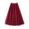 Women Cake Skirt Solid Color Mid-Waist Long Skirt with Elastic Waist Mesh