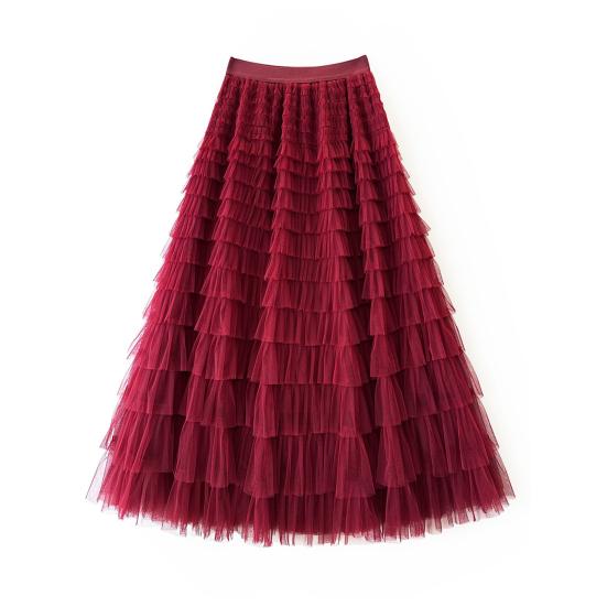 Women Cake Skirt Solid Color Mid-Waist Long Skirt with Elastic Waist Mesh