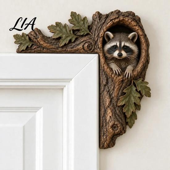Christmas Door Frame Decoration 2Pcs Tree Hollow and Animal Wooden Topper, Rustic Forest Style Decorative Cute Chipmunk Statue Corner Decor,