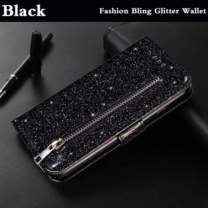 Чехол-кошелек с блестящими кожаными откидными чехлами на молнии, сумка для телефона для iPhone Samsung Xiaomi Redmi Huawei Honor