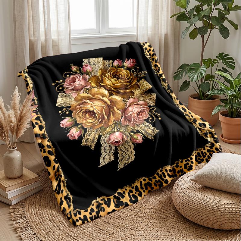 Leopard Roses and Bows Theme blanket Lightweight Warm Flannel Blanket Decorative Throw Blanket for Home Decoration