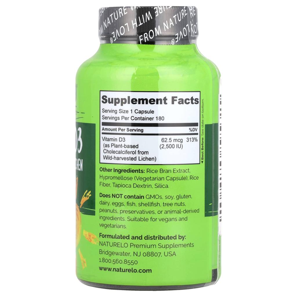 Vitamin D3, with moss extract plant-based raw materials, 62.5Mcg (2,500Iu), 180 easy-to-swallow capsules