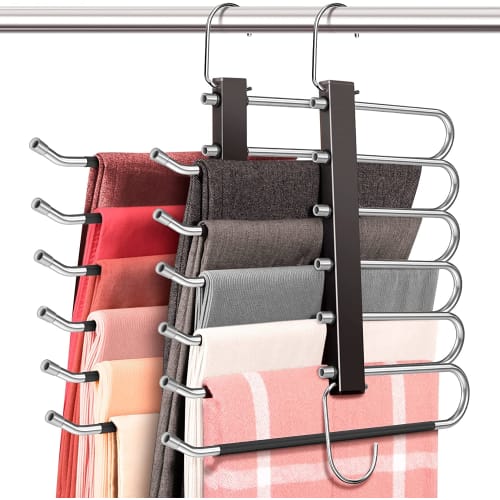DOIOWN Pants Hanger, Pants Hanger, Slacks Hanger, Bottoms Hanger, Non-Slip, Space-Saving, 6-Tier, Foldable, Vertical or Horizontal Use, Stainless Stee