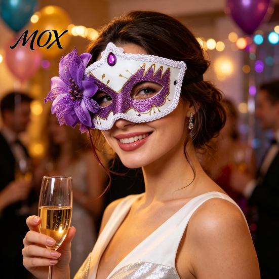 Fancy Dress Accessory Masquerade Masque for Women, Glitter Venetian Half Face with Side Floral Party Flower And Feather Halloween Costume, Mardi Gras,