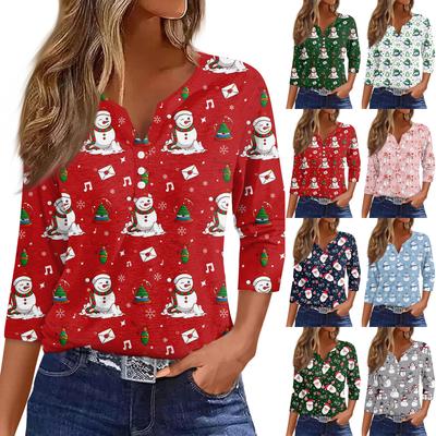 Жен. Футболка Футболка С принтом Пуговицы Рукав 3/4Ежедневно Выходные Мода Классический Топ с v-образным вырезом Обычный