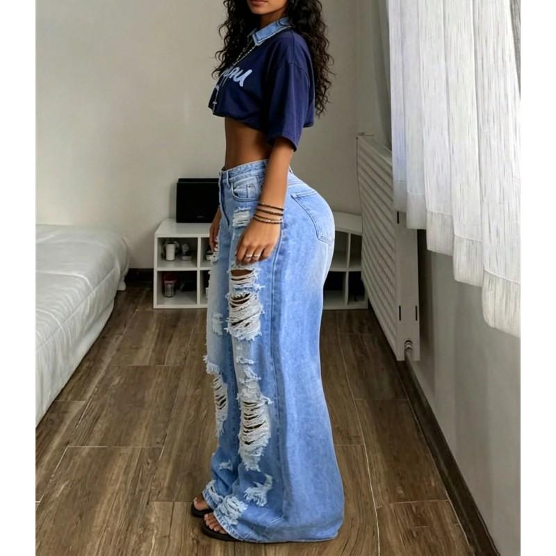 Womens High Waist Ripped Wide Leg Jeans Street Style Loose Long Denim Pants