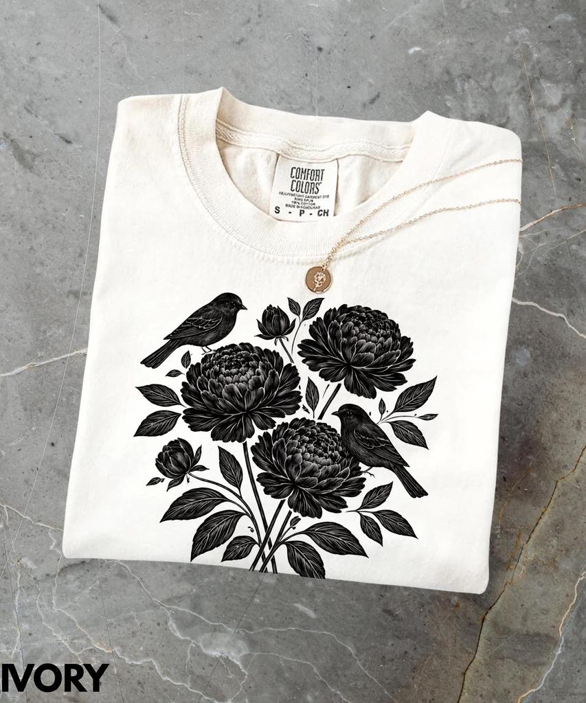 Linocut Birds T-Shirt,Bird And Flower Tee,Unisex Graphic Tee,Vintage 90s Floral Shirt,Botanical Plants Shirt,Cottagecore Gifts