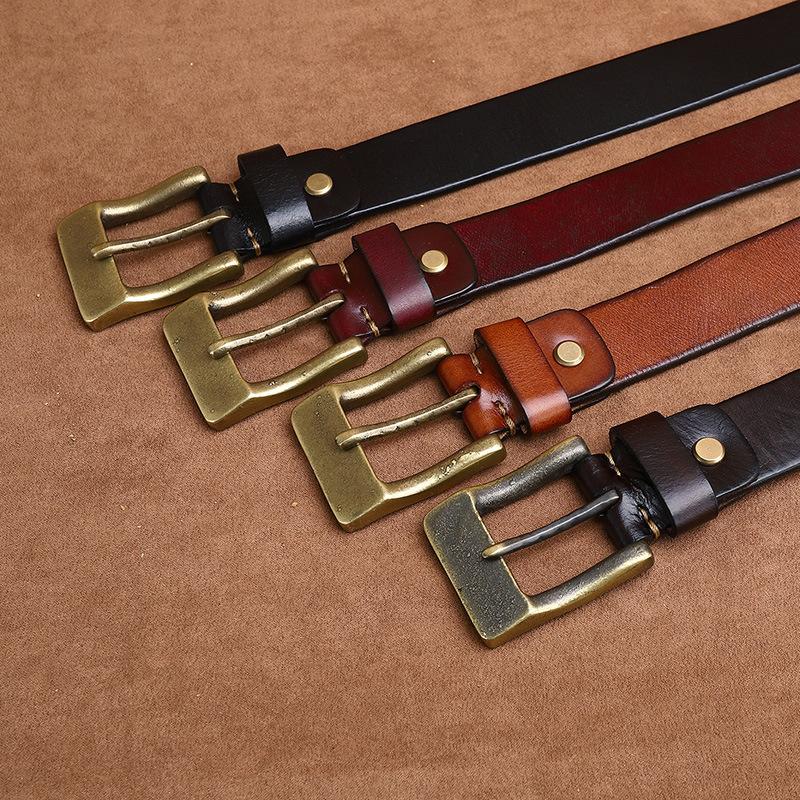 Rare Italian A-Grade Thickened First-Layer Cowhide Belt Men'S Genuine Leather Pin Buckle American Rough Copper Buckle Retro Belt