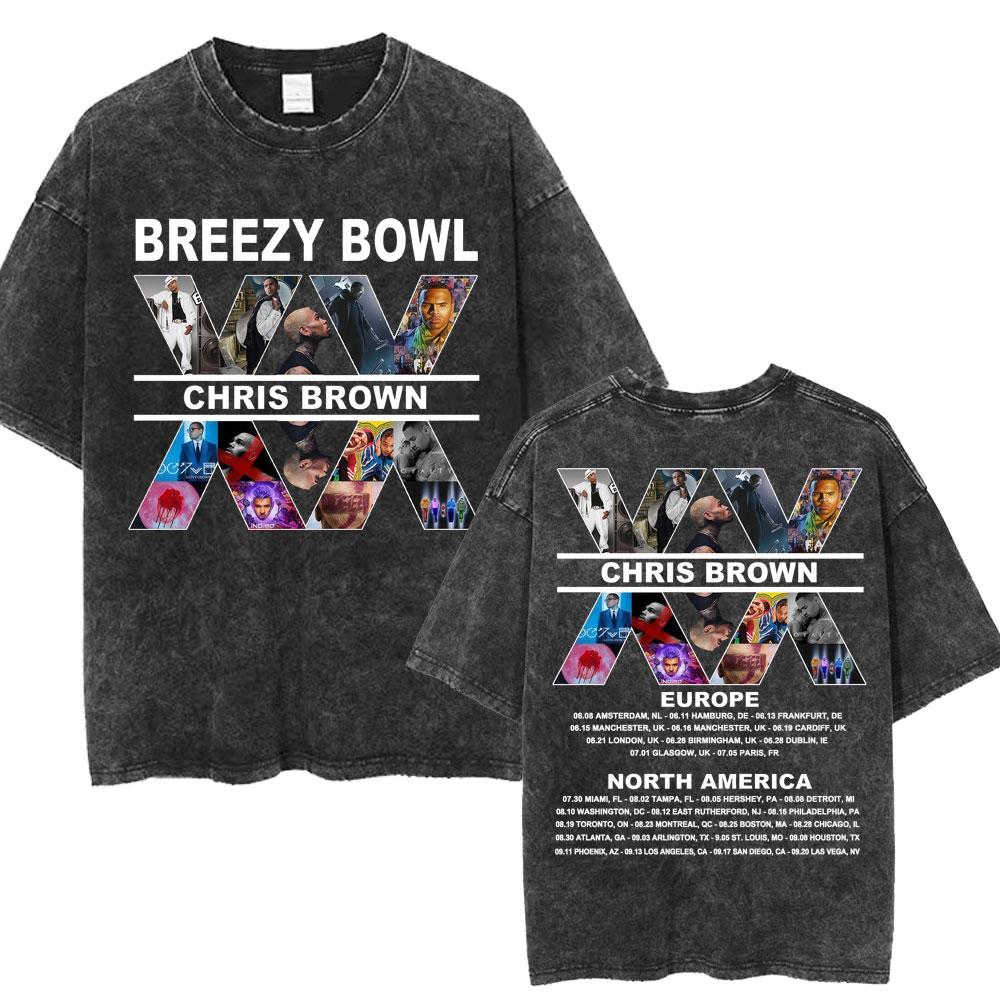 Chris Brown Breezy Bowl XX Concert Tour Washed T Shirts Vintage Hip Hop Gothic T Shirt Mens Oversized Cotton Tshirt Streetwear