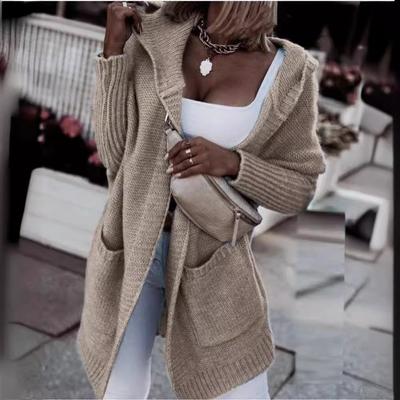 Женский осенне-зимний лоскутный вязаный свитер с капюшоном и карманами