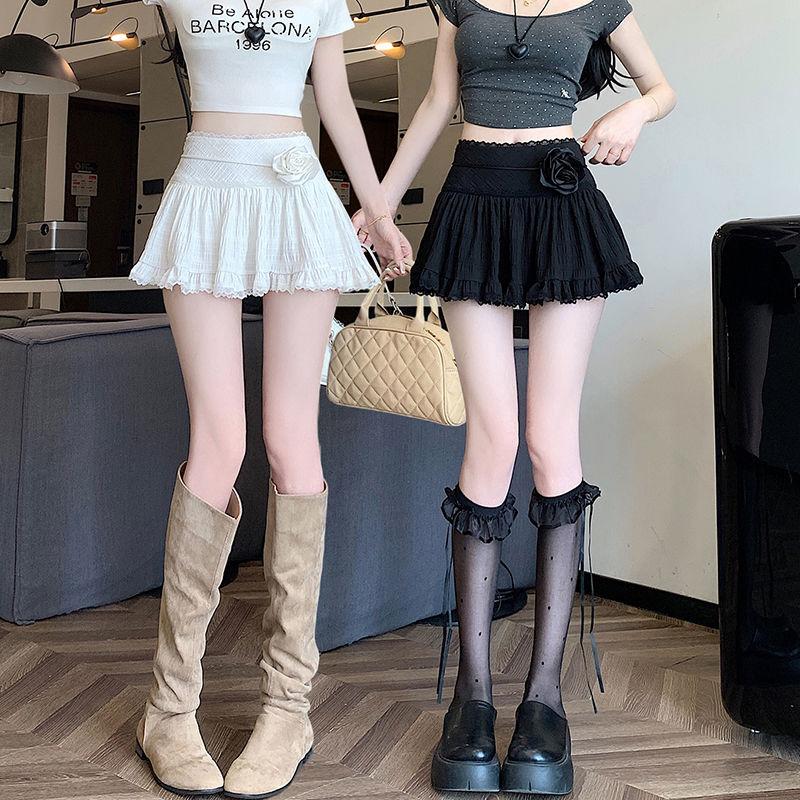 Sweet Elegant Loose Lace Short Skirt Women France Solid High Waist Ruffle Mini Skirts Female Summer Thin Lace Up Skirt