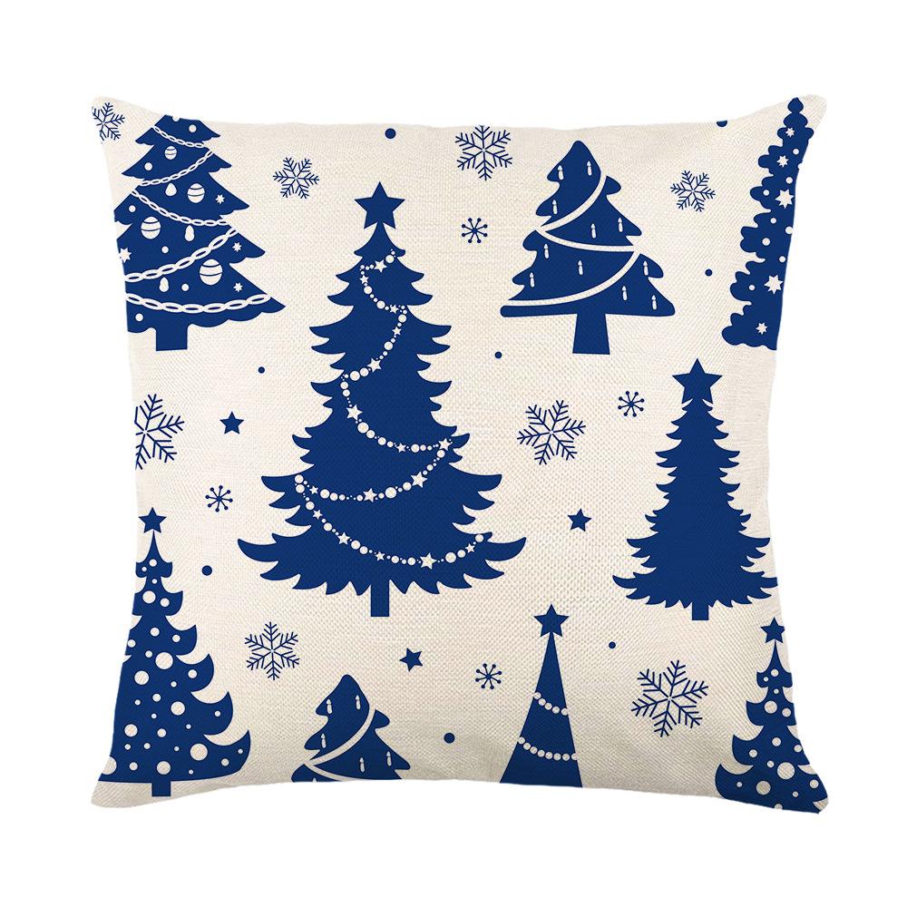 Blue Christmas Ornament Cushion Cover Printed Bear Snowflake Elk Santa Claus Tree Merry Christmas Lettering Linen Pillowcase