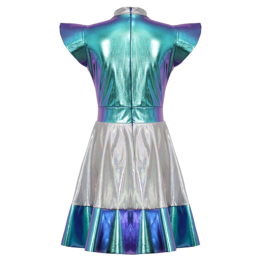 Детский глянцевый металлический космический костюм милашки на Хэллоуин, карнавальный костюм инопланетянина, платье с короткими рукавами, одежда Roly Play