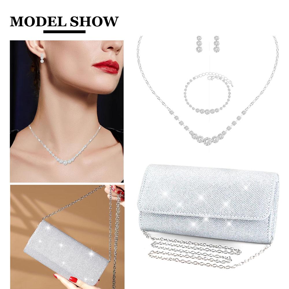 Temperament Women Clutches Purse Trendy Bracelet Necklace Handbag Combination Set Lady Sparkling Luxury Crossbody Bags Jewelry