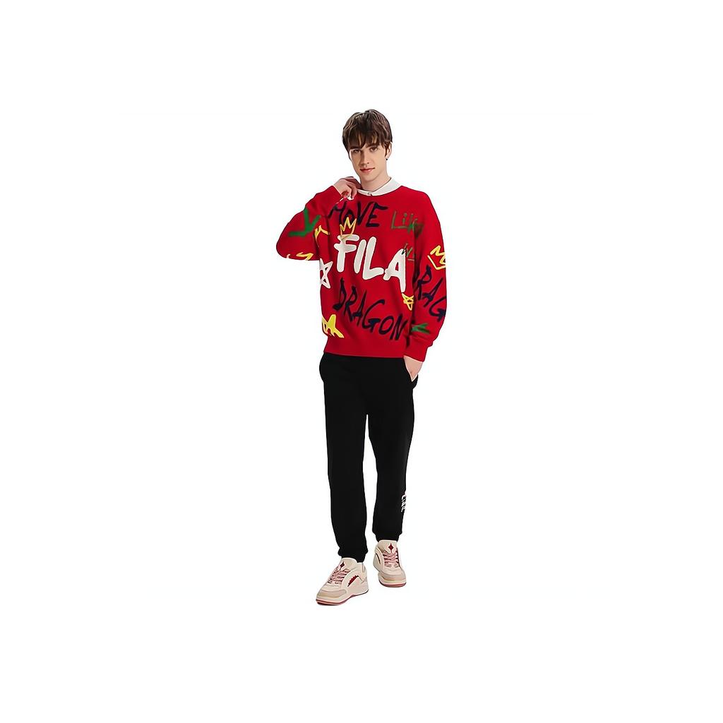 Fila Da Da Dragon Series Новогодний парный вязаный свитер с цветными блоками и забавным рукописным узором, унисекс, легендарно-красный F11U419402F-RD