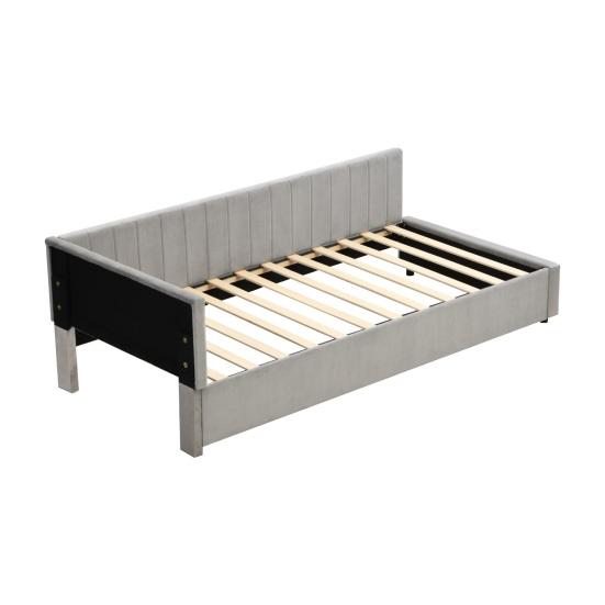 Low Daybed Upholstered Sofa Bed 90x200CM Slatted Frame Velvet Fabric Sleeping Couch Modern Grey Beige Living Room Single Day with Sponge Filling