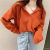 Hirsionsan Cropped Loose Solid V-neck Knitted Pullover Sweaters Women New Korean Causal Retro Sweaters Minimalist Long Sleeve Jumpers