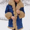 Winter Women Denim Jacket Faux Fur Trim Long Sleeves Color Matching Pockets Cold-proof
