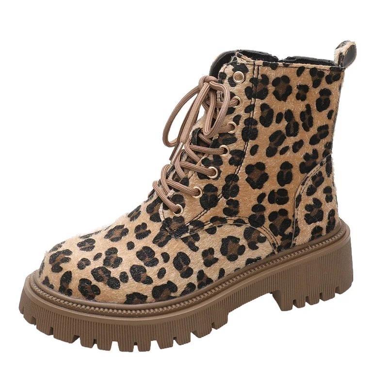 Shoes for Wome New Lace Up Zipper Women Boots Round Toe Mixed Colors Leopard Print Platform Water Proof Fashion Boots
