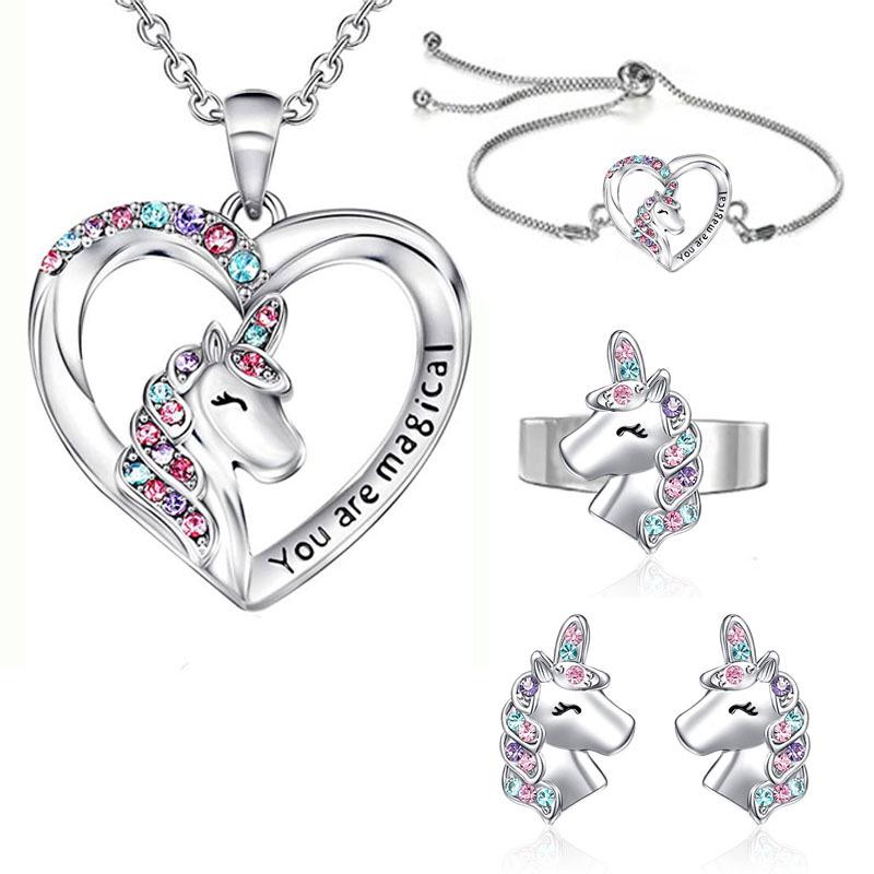 Красочный набор ожерелья и серег в форме сердца с единорогом для детей