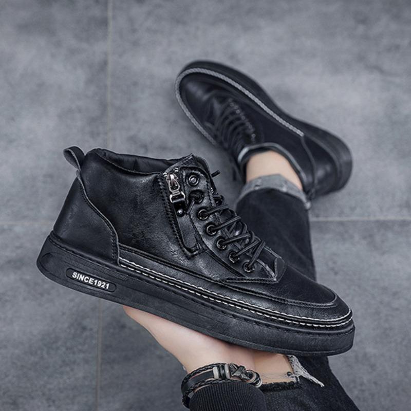 Модная мужская кожаная повседневная обувь 2024 весна высокие ботинки на платформе кожаные ботинки короткие на шнуровке меховые теплые ботильоны мужская обувь в стиле милитари боты