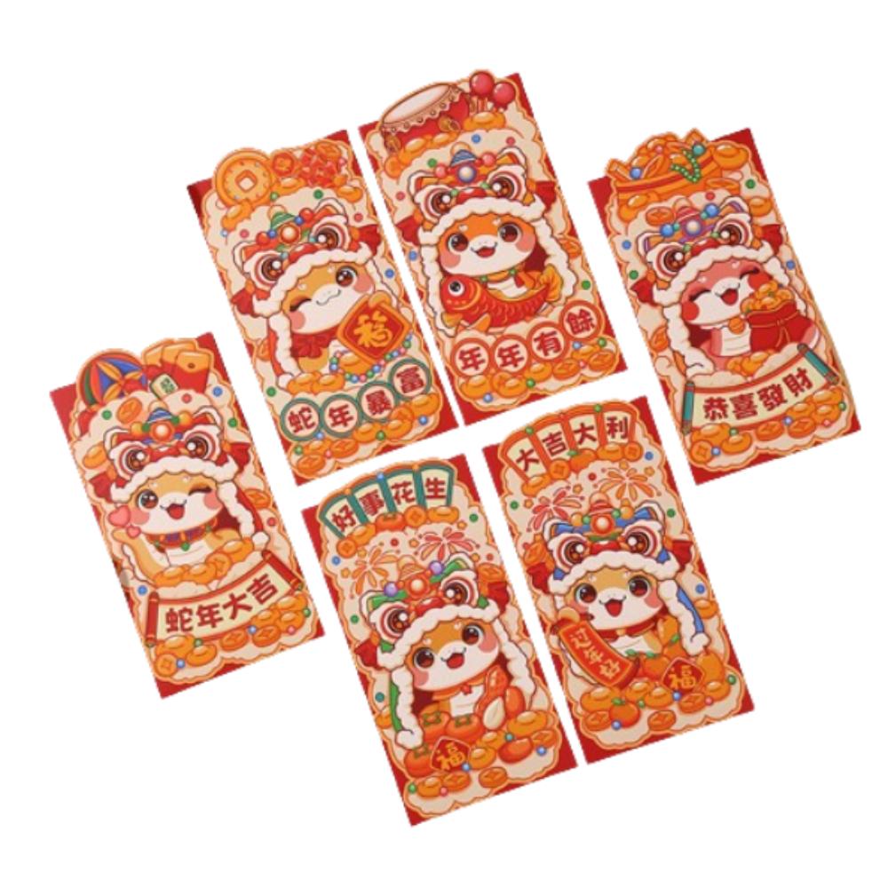 6pcs Traditional 2025 Snake Year Red Envelopes Cartoon Lucky Money Bag Graduation