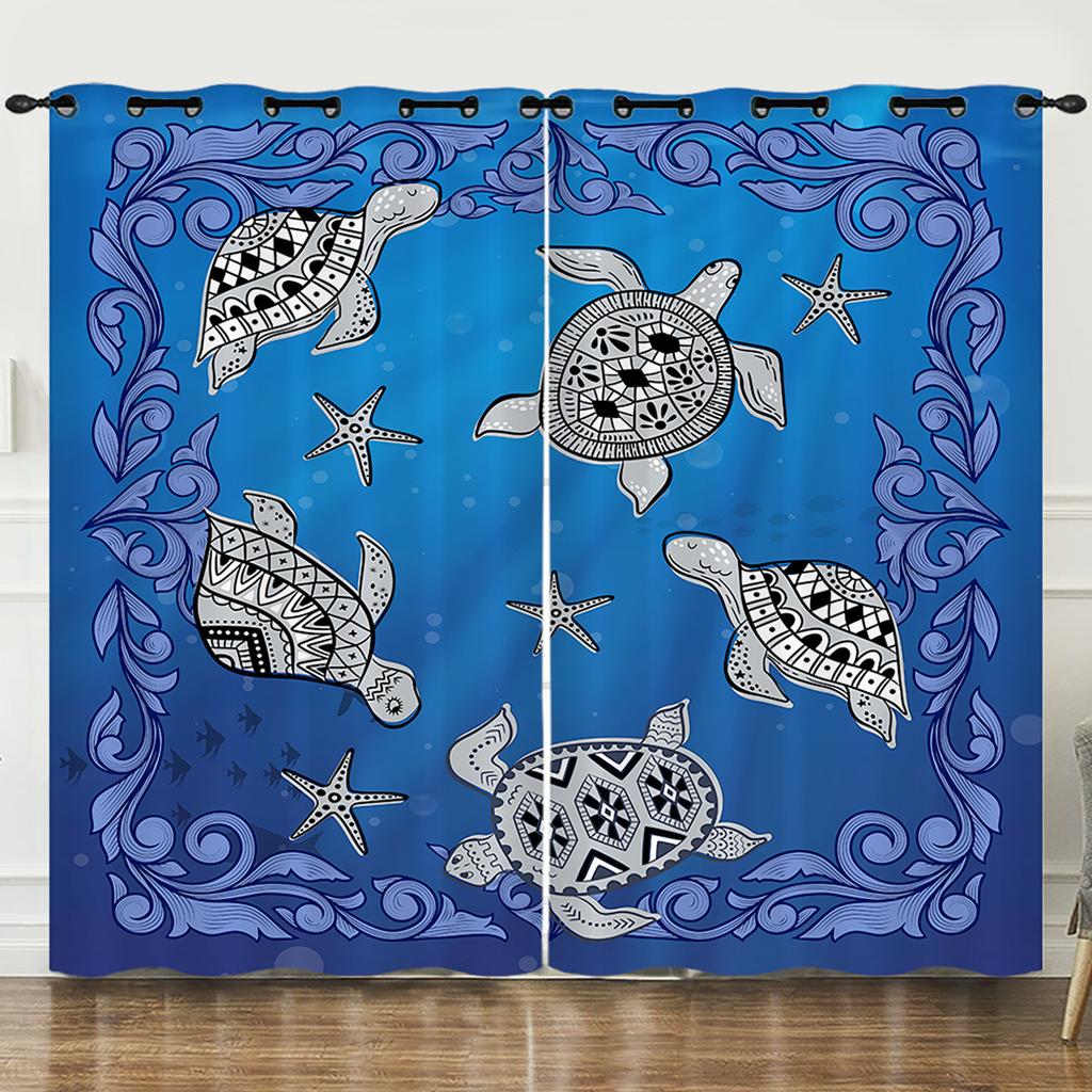 Curtain Ocean Turtle Starfish 3D Digital Printing Blackout Curtain Punching