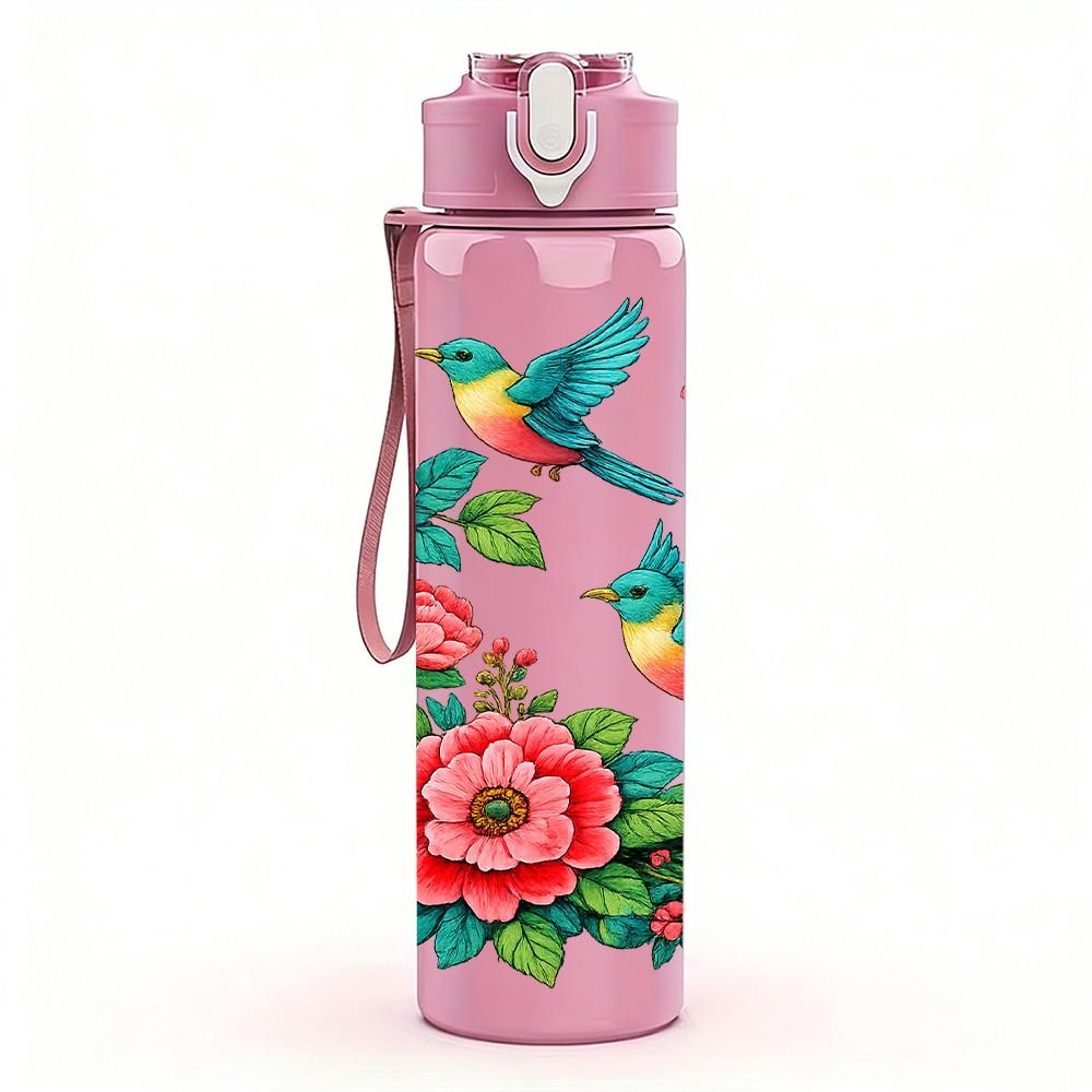 1PC Red Rose Bird Floral 750ml Color Plastic Sports Water Bottle Leakproof Flip Straw Lid Suitable for Sports Office Home Use