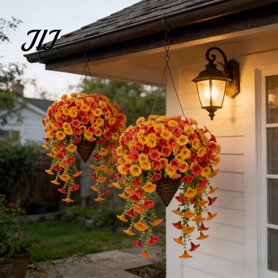 Realistic Silk Petunias Artificial Morning Glory Flower, Faux Fall Hanging Flowers Plants, UV Autumn Decor for Front Door Resistant Wall Home