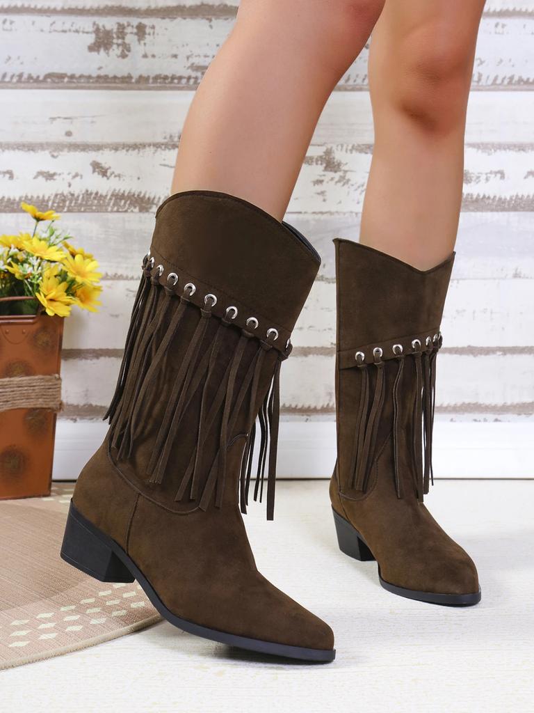 Bohemian Mid-calf Boots Women New Winter Ethnic Rivet Tassel Boots Woman Faux Suede Pointed Thick Heel Shoe Booties Female