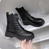 Women's Platform Motorcycle Boots Lace-up Black Pu Ankle Boots Soft Sole Non-slip Casual Shoes Thick Heel Round Toe Chelsea Boot