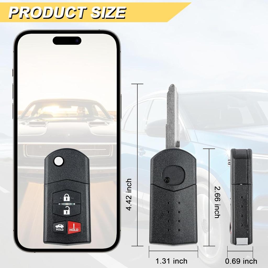 Key Fob Replacement for 2006-2015 Mazda MX-5 Miata/ 10-13 Mazda 3/09-13 Mazda 6 Car Keyless Entry Remote Control, BGBX1T478SKE125-01, 4 Buttons