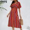 Women's Fashion Summer Spring Stripe Print Short Sleeve V-Neck High Waist Casual Dresses