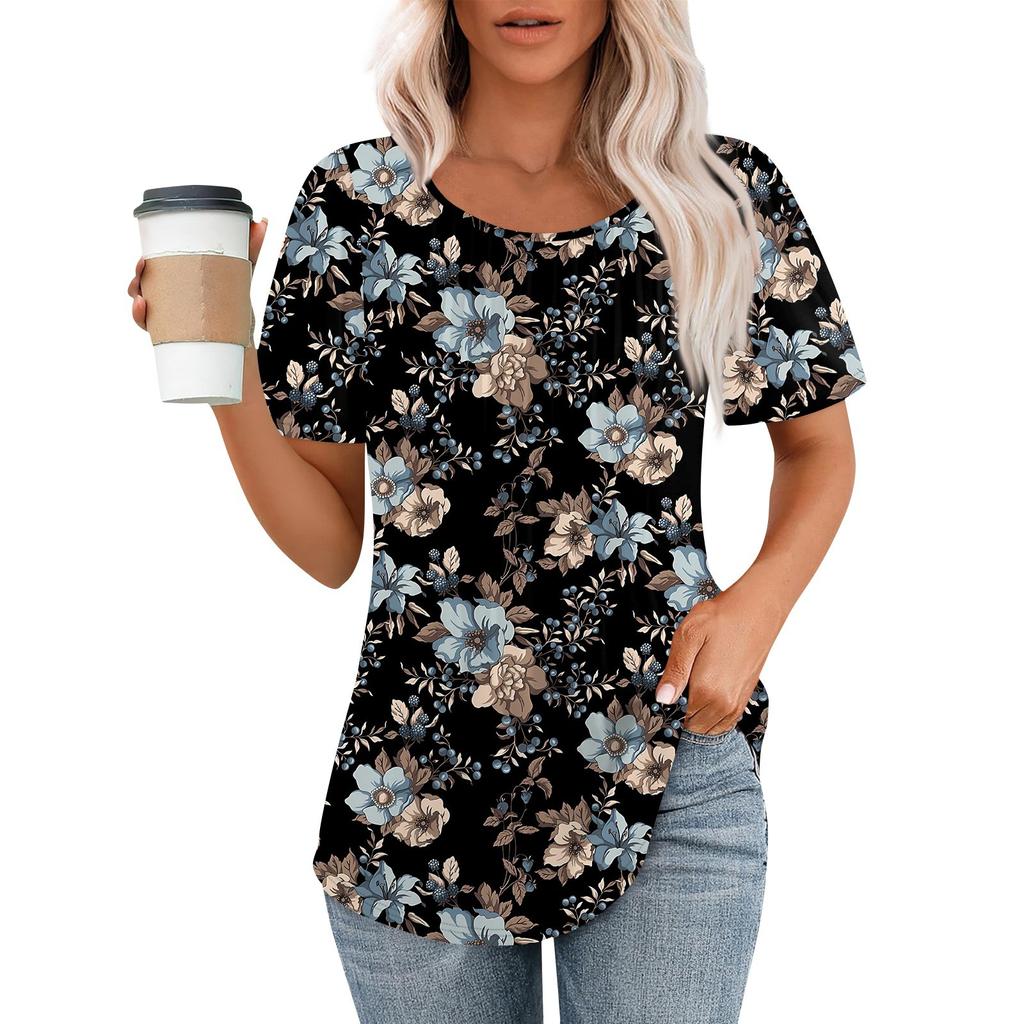 Женская летняя модная повседневная плиссированная футболка с коротким рукавом и круглым вырезом с принтом Топ