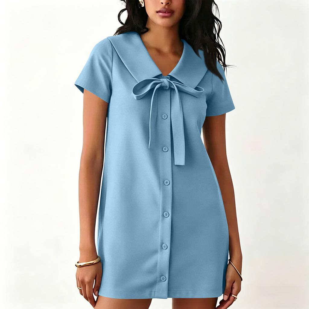 Мини-платье с коротким рукавом на пуговицах, с воротником и завязкой спереди, для женщин, повседневное, свободного кроя, летнее
