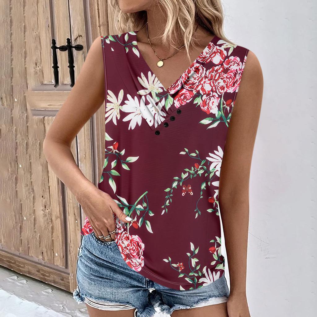 Summer Womens Tank Tops V Neck Casual Printed Sleeveless Shirts Casual Loose Fit Pleated Tshirts Tees Ladies Blouse