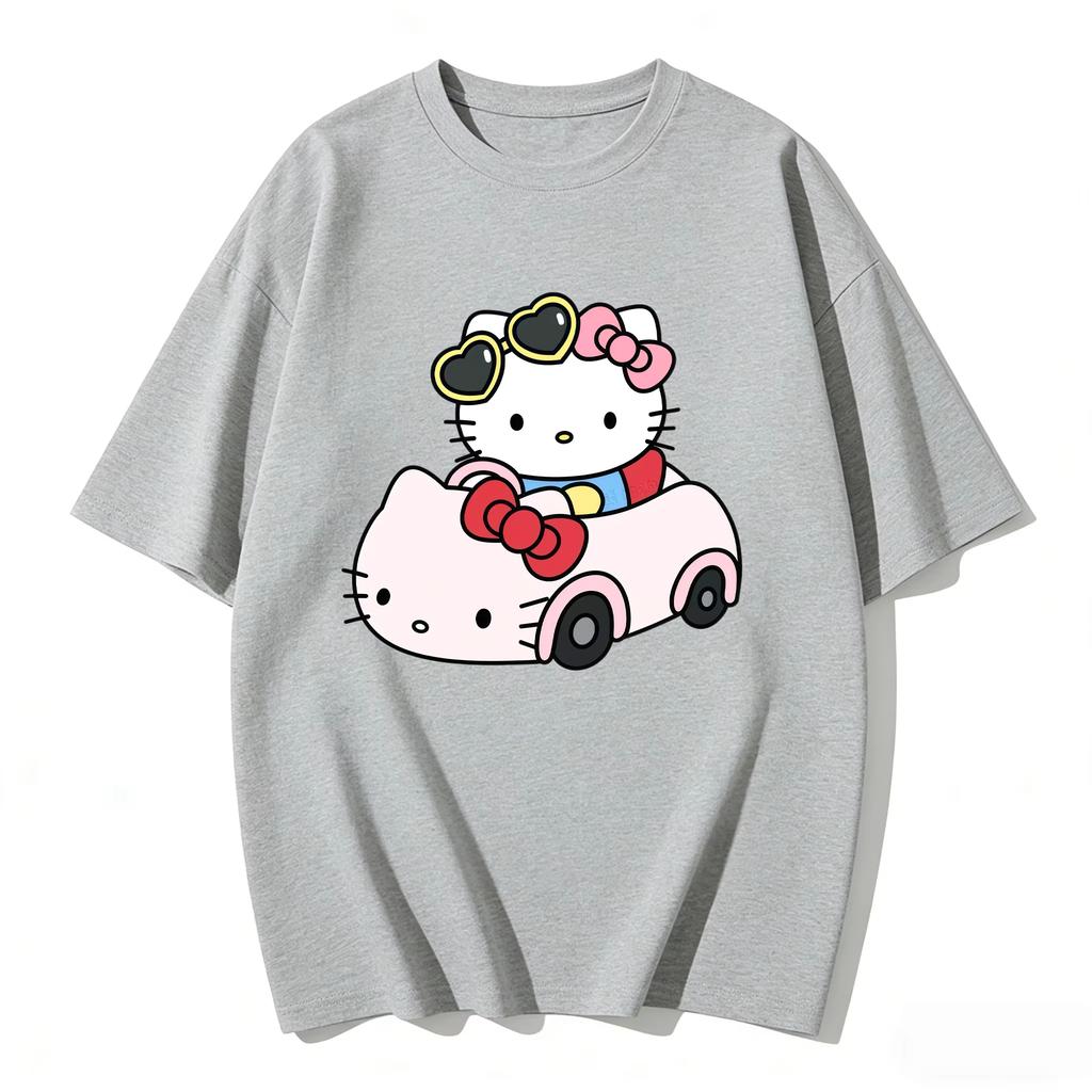 2026 новый летний милый графический топ HelloKitty повседневный хлопковый топ с коротким рукавом для женщин и девочек Каваи мультяшный принт Streetwear