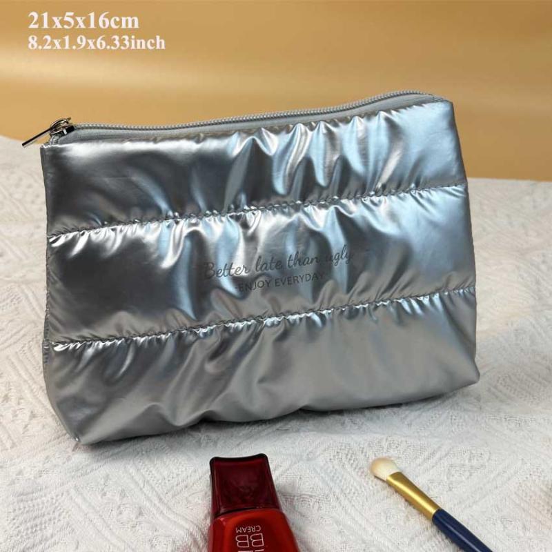 Portable Shiny Fluffy Makeup Bag Large Capacity Zipper Pouch Cosmetic Bag Quilted Puffer Toiletries Skincare Storage Bag Travel
