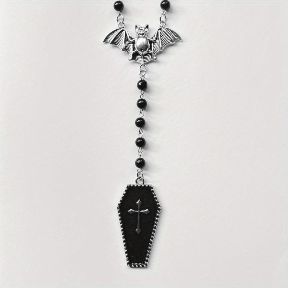 1pc Gothic Y2K Style Beaded Necklace with Bat & Red Cross Pendant - Black Beads, Copper Accents, Perfect for Parties, Graduations, and Travel, Gothic