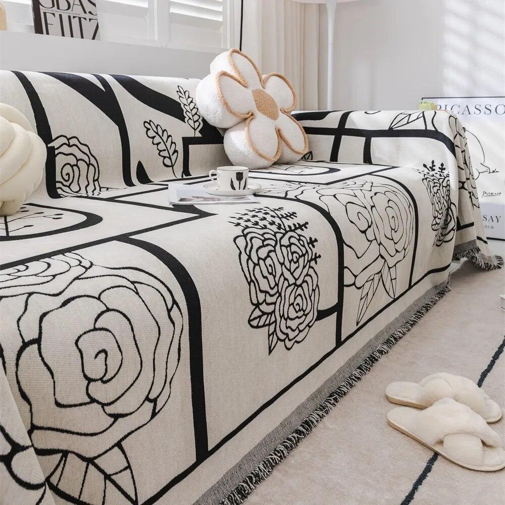 Мягкие диванные полотенца с принтом кошек и цветов, покрывала для кемпинга, пикника, анти-кошачье полотенце, черный, белый цвет, хлопковый защитный коврик для дивана