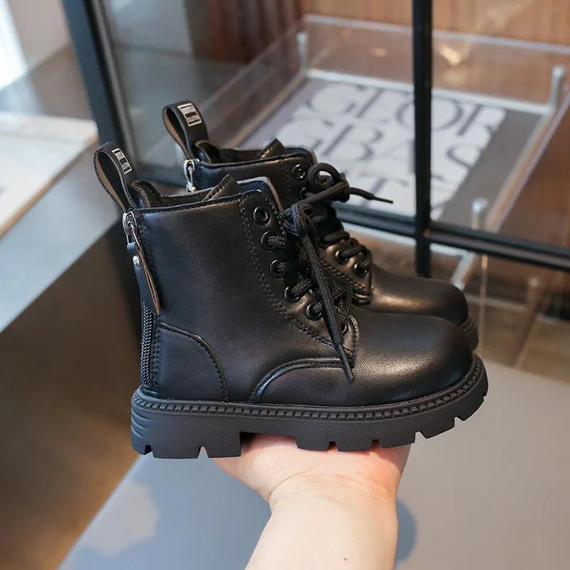 2024 Новые детские осенние ботинки, однотонные повседневные черные ботинки для девочек, модные универсальные детские простые ботильоны с толстой подошвой