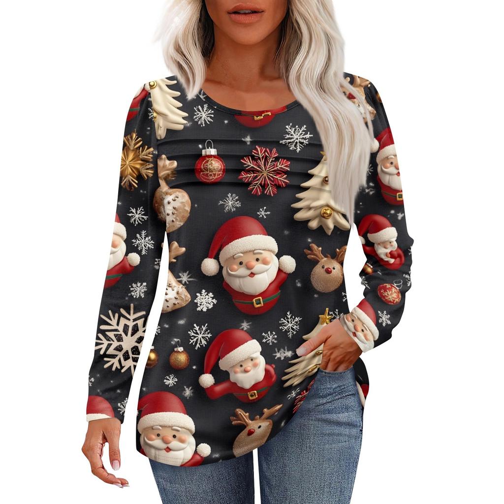 Женская повседневная мода рождественский принт круглый вырез плиссированный длинный рукав топ