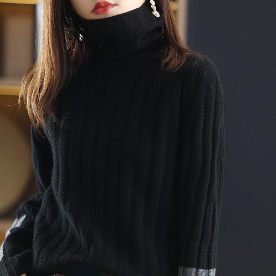 Women Winter Autumn Sweater Turtleneck Neck Protection Long Sleeve Knitted Warm Thick Soft Pullover Color Block Patchwork Lady Sweater
