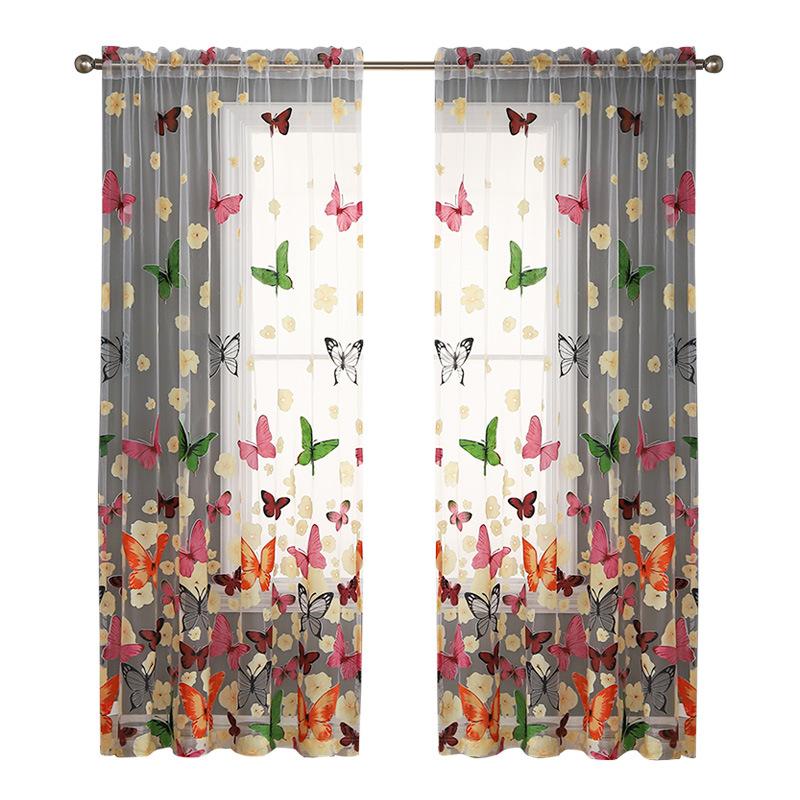 European And American Bay Window Curtain Tulle Finished Product, No Punching Custom Butterfly Printing Fabric