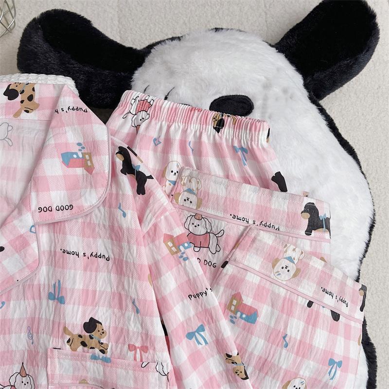 Мультяшная милая милая женская пижама с принтом в виде собаки и букв, с отворотом, в клетку, корейский дизайн, пижамный комплект для женщин, новая весенняя одежда для сна